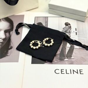 Women's Celine Gold & White Enamel Hoop Earrings for Modern Minimalist Chic